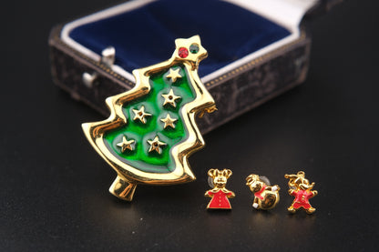 Vintage Tokyo Disneyland Christmas Tree Brooch with Mickey, Minnie & Snowman Earrings – Convertible Pendant – Rare Collectible Set
