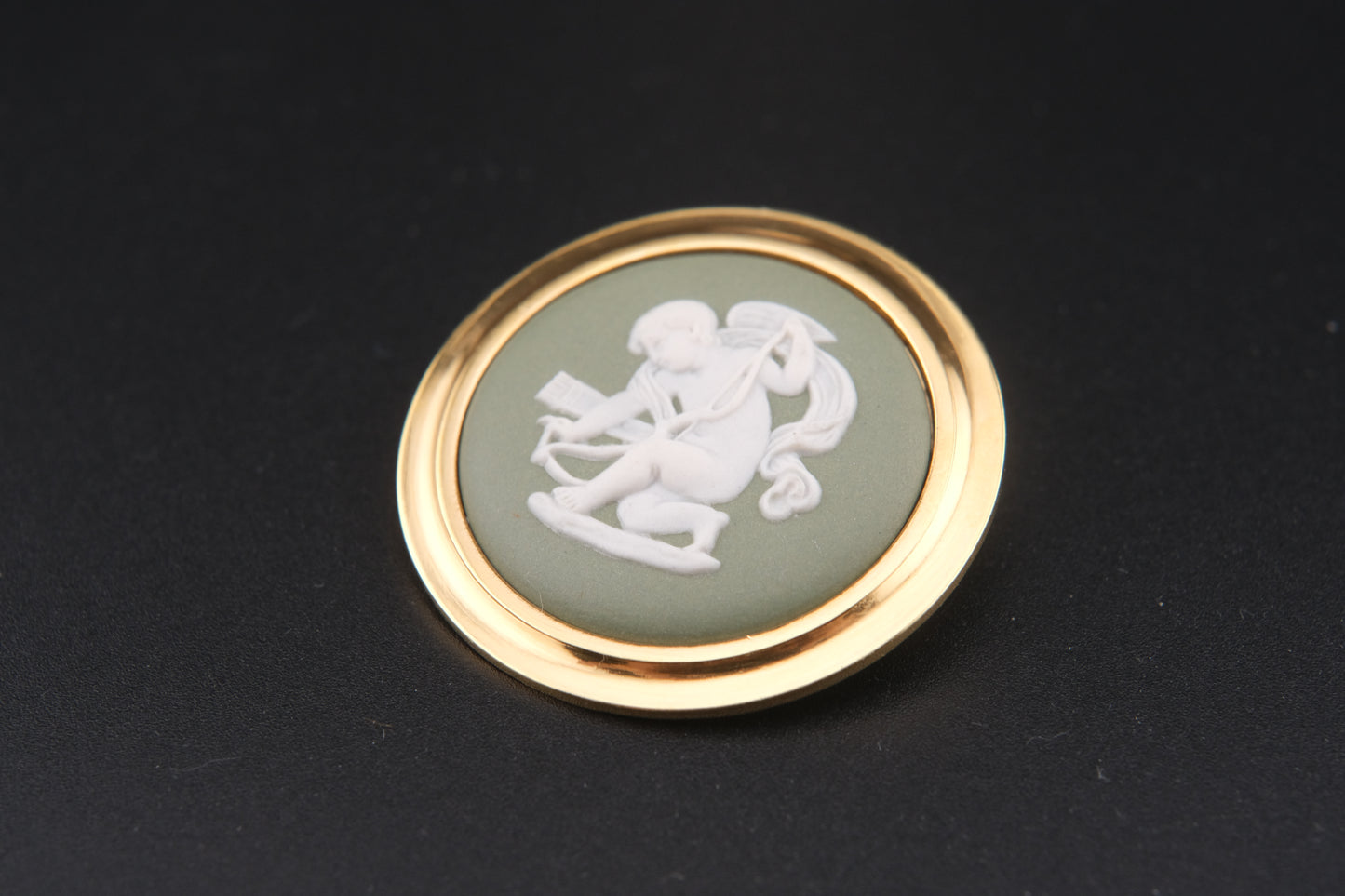 Vintage Wedgwood Jasperware Cameo Brooch – Green & White Cupid Motif with Gold-Tone Frame
