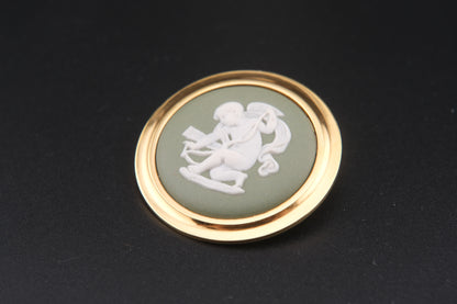 Vintage Wedgwood Jasperware Cameo Brooch – Green & White Cupid Motif with Gold-Tone Frame