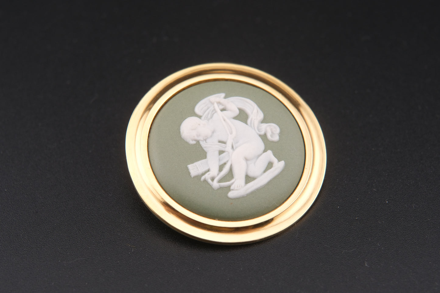 Vintage Wedgwood Jasperware Cameo Brooch – Green & White Cupid Motif with Gold-Tone Frame