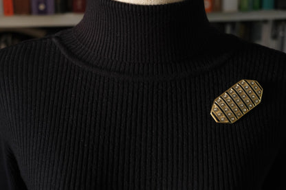 Vintage Orena Paris Geometric Brooch – Gold-Tone with Black Enamel & Rhinestones