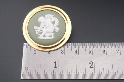 Vintage Wedgwood Jasperware Cameo Brooch – Green & White Cupid Motif with Gold-Tone Frame