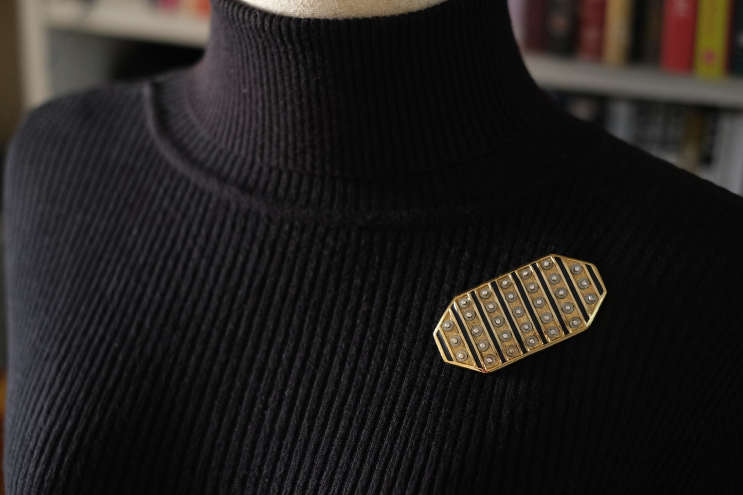 Vintage Orena Paris Geometric Brooch – Gold-Tone with Black Enamel & Rhinestones