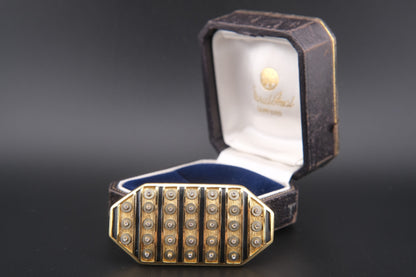 Vintage Orena Paris Geometric Brooch – Gold-Tone with Black Enamel & Rhinestones