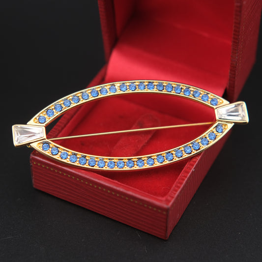 ❤️ Vintage Monet Gold Tone Blue Rhinestone Navette Brooch