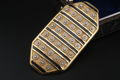 Vintage Orena Paris Geometric Brooch – Gold-Tone with Black Enamel & Rhinestones
