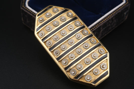 Vintage Orena Paris Geometric Brooch – Gold-Tone with Black Enamel & Rhinestones