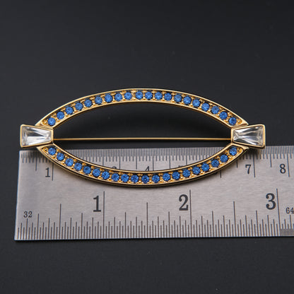 ❤️ Vintage Monet Gold Tone Blue Rhinestone Navette Brooch