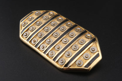 Vintage Orena Paris Geometric Brooch – Gold-Tone with Black Enamel & Rhinestones