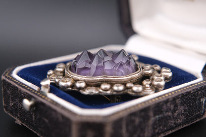 Vintage Miracle Celtic Revival Brooch – Faceted Amethyst Glass in Silver-Tone Setting