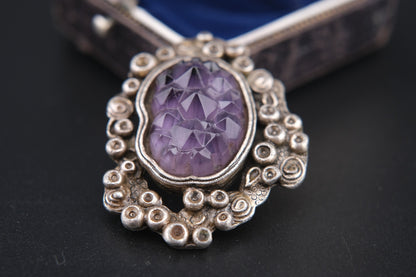 Vintage Miracle Celtic Revival Brooch – Faceted Amethyst Glass in Silver-Tone Setting