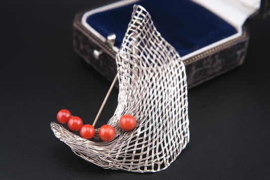 Vintage Silver Mesh Brooch with Coral Beads – Modernist Artisan Design