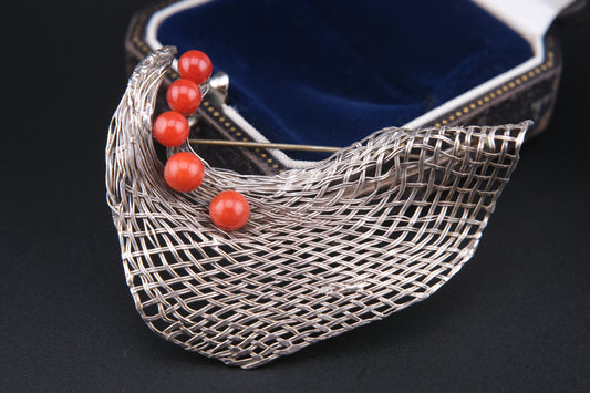 Vintage Silver Mesh Brooch with Coral Beads – Modernist Artisan Design
