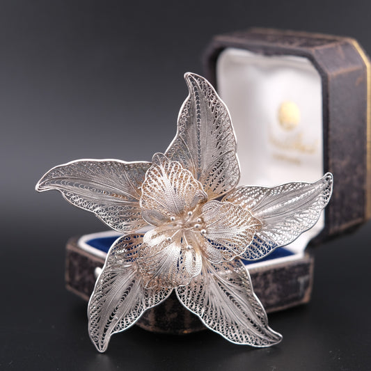 Vintage Sterling Silver Filigree Flower Brooch – 925 Marked
