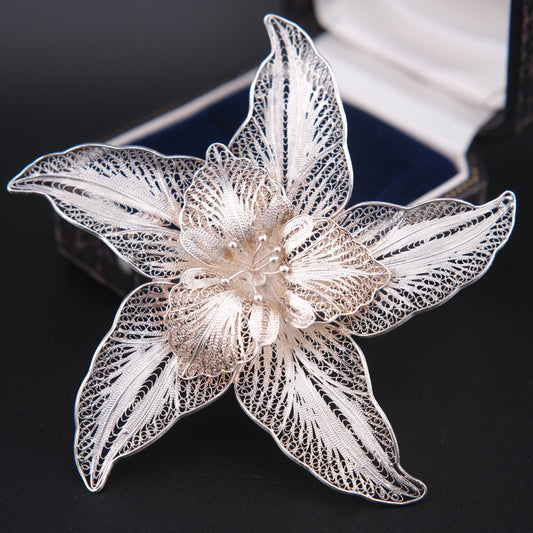 Vintage Sterling Silver Filigree Flower Brooch – 925 Marked