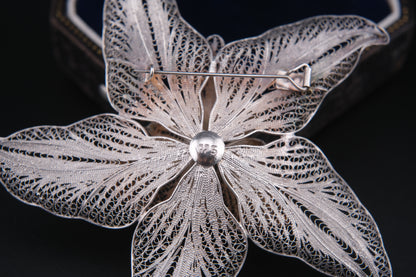 Vintage Sterling Silver Filigree Flower Brooch – 925 Marked