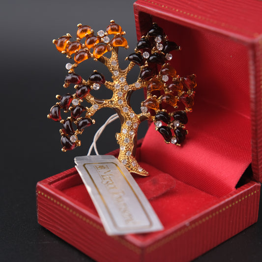 Vintage Margot Townsend Tree of Life Brooch – Amber Glass & Crystals in Gold Tone