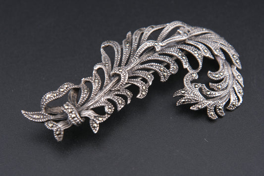 Elegant Vintage Sterling Silver 925 Marcasite Scroll Brooch – Ornate Feather Design, 2.5 Inches