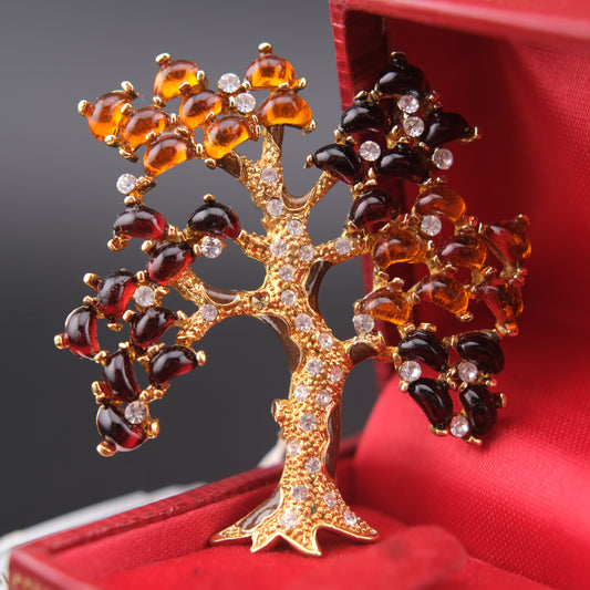 Vintage Margot Townsend Tree of Life Brooch – Amber Glass & Crystals in Gold Tone