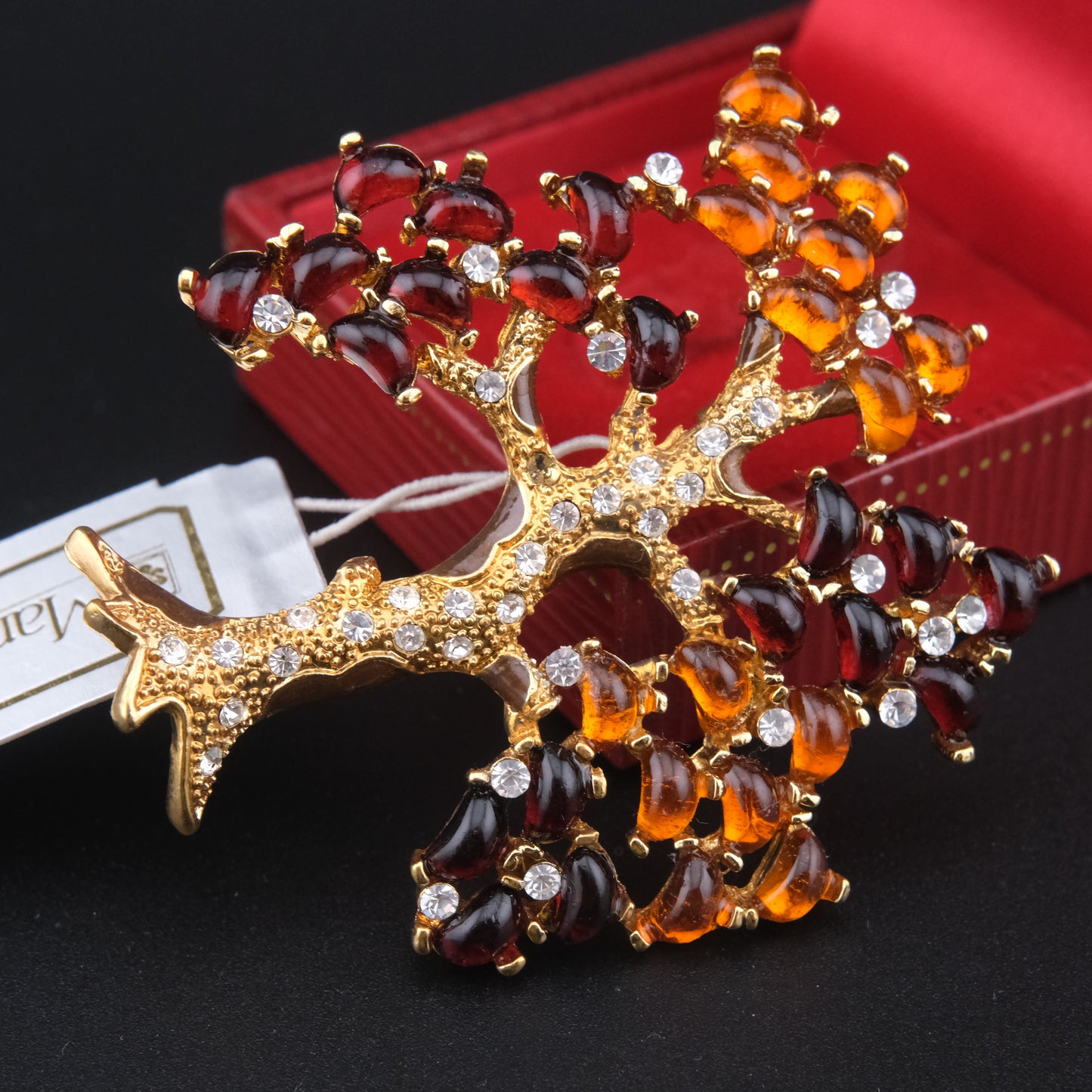 Vintage Margot Townsend Tree of Life Brooch – Amber Glass & Crystals in Gold Tone