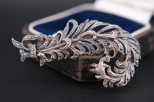 Elegant Vintage Sterling Silver 925 Marcasite Scroll Brooch – Ornate Feather Design, 2.5 Inches