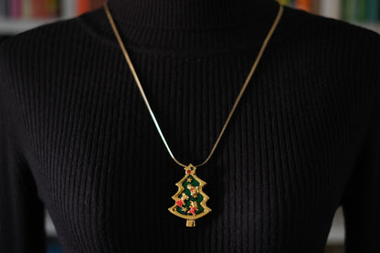 Vintage Tokyo Disneyland Christmas Tree Brooch with Mickey, Minnie & Snowman Earrings – Convertible Pendant – Rare Collectible Set