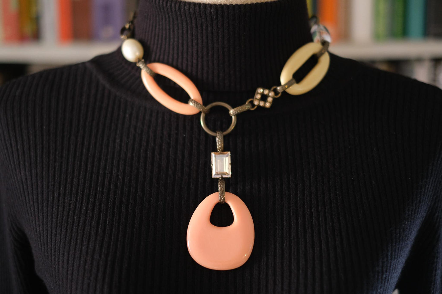 Vintage 1990s Philippe Ferrandis Paris Statement Necklace – Resin & Crystal Y-Shaped Designer Jewelry