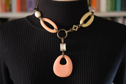 Vintage 1990s Philippe Ferrandis Paris Statement Necklace – Resin & Crystal Y-Shaped Designer Jewelry