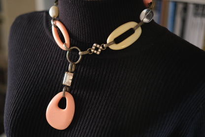 Vintage 1990s Philippe Ferrandis Paris Statement Necklace – Resin & Crystal Y-Shaped Designer Jewelry