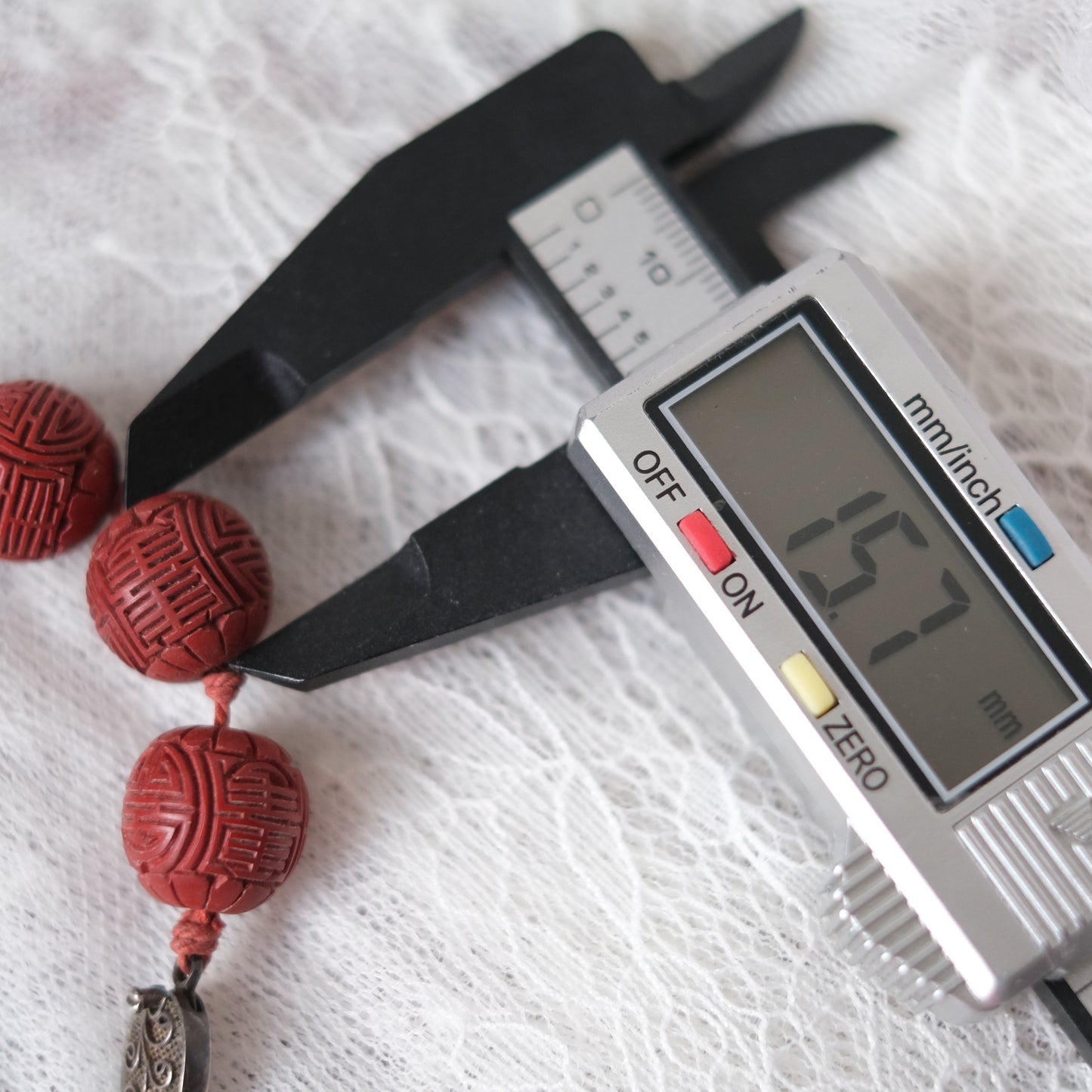 Vintage Chinese Cinnabar Bead Necklace with Sterling Silver Filigree Clasp