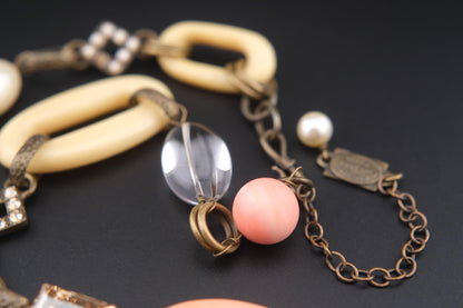 Vintage 1990s Philippe Ferrandis Paris Statement Necklace – Resin & Crystal Y-Shaped Designer Jewelry