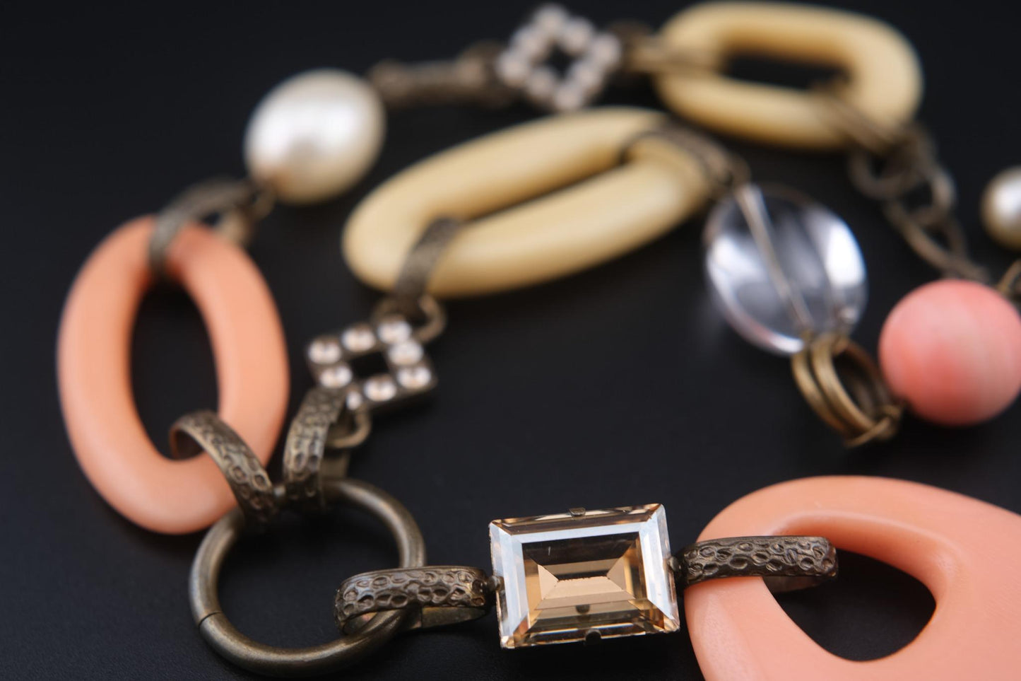 Vintage 1990s Philippe Ferrandis Paris Statement Necklace – Resin & Crystal Y-Shaped Designer Jewelry