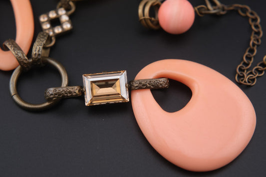 Vintage 1990s Philippe Ferrandis Paris Statement Necklace – Resin & Crystal Y-Shaped Designer Jewelry