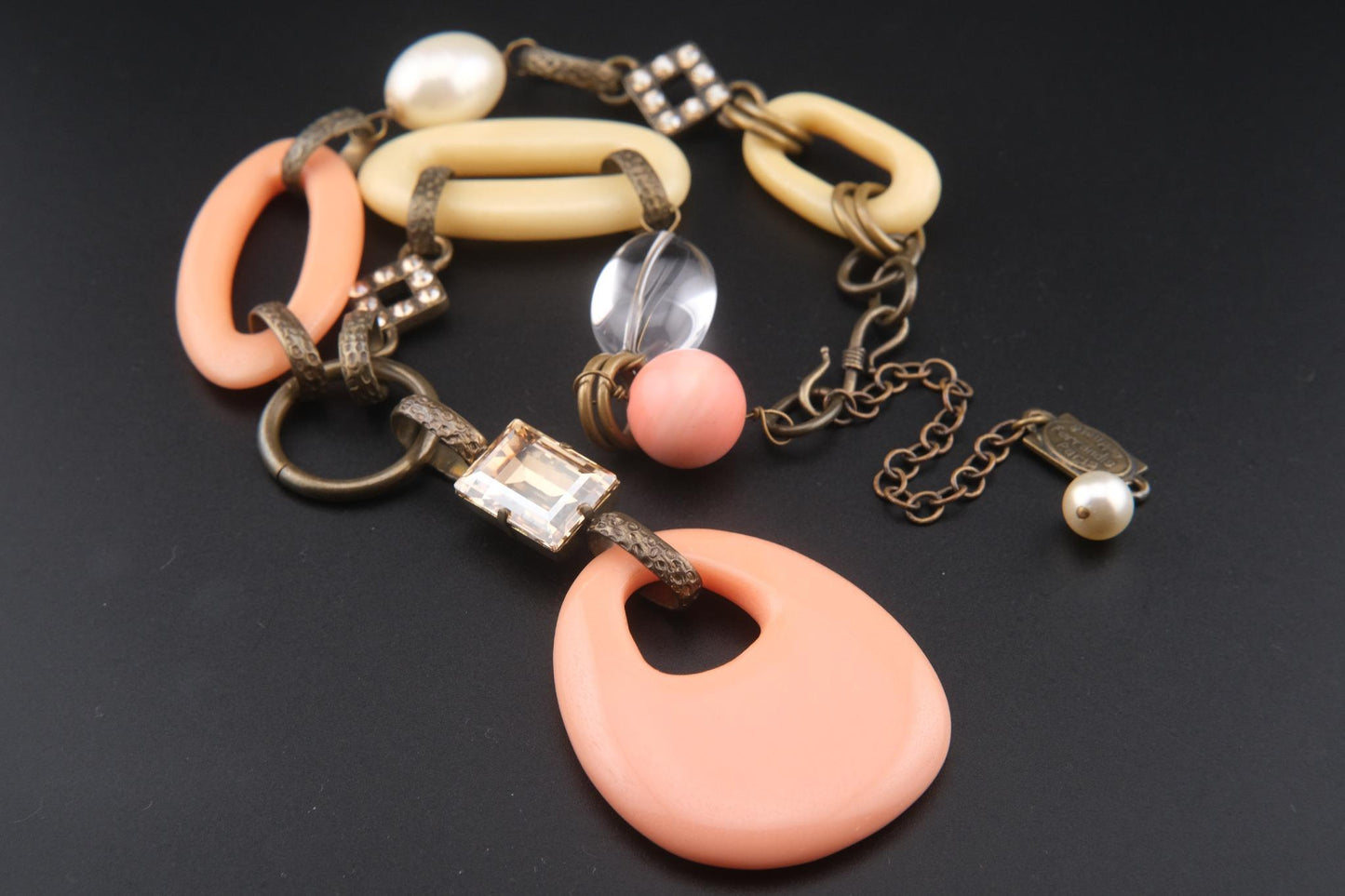 Vintage 1990s Philippe Ferrandis Paris Statement Necklace – Resin & Crystal Y-Shaped Designer Jewelry