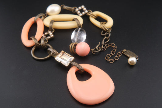 Vintage 1990s Philippe Ferrandis Paris Statement Necklace – Resin & Crystal Y-Shaped Designer Jewelry