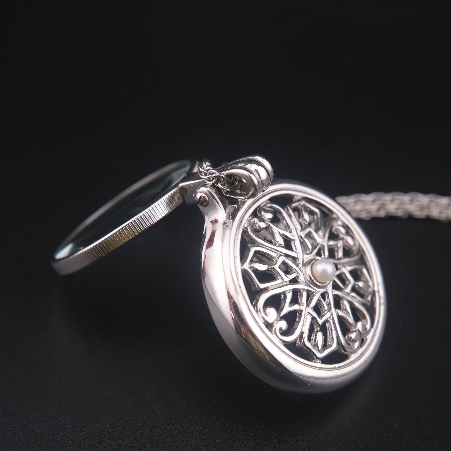 Vintage Mikimoto Loupe Pendant Necklace with Pearl Accent, Silver-Tone, 24" Chain