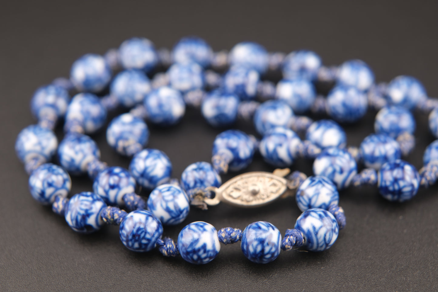Vintage Blue and White Porcelain Bead Necklace – 19" Hand-Knotted Floral Design with Silver Tone Clasp