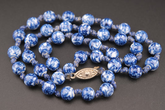 Vintage Blue and White Porcelain Bead Necklace – 19" Hand-Knotted Floral Design with Silver Tone Clasp