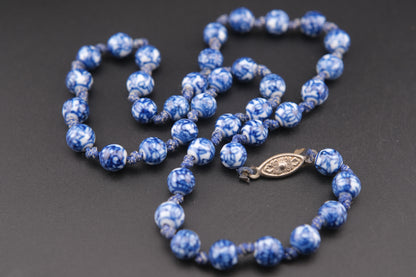 Vintage Blue and White Porcelain Bead Necklace – 19" Hand-Knotted Floral Design with Silver Tone Clasp