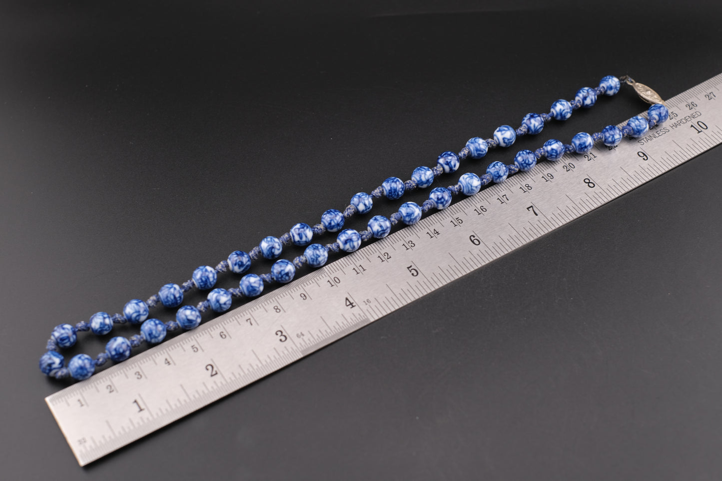 Vintage Blue and White Porcelain Bead Necklace – 19" Hand-Knotted Floral Design with Silver Tone Clasp