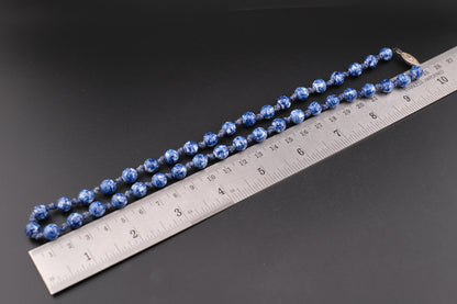 Vintage Blue and White Porcelain Bead Necklace – 19" Hand-Knotted Floral Design with Silver Tone Clasp