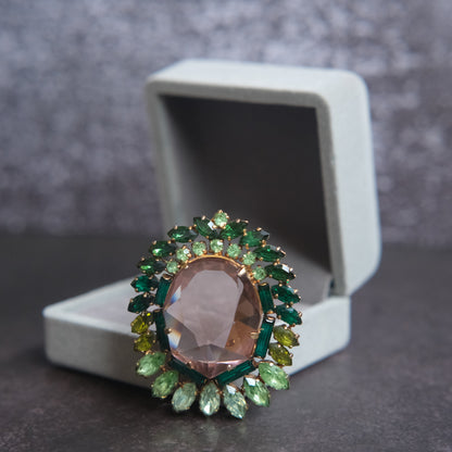 ❤️ Vintage Gold Tone Pink Glass & Green Rhinestone Halo Brooch Statement Piece