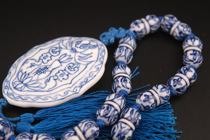 Vintage Chinese Blue & White Porcelain Pendant Necklace – Silk Knotted Dumbbell Beads with Tassel