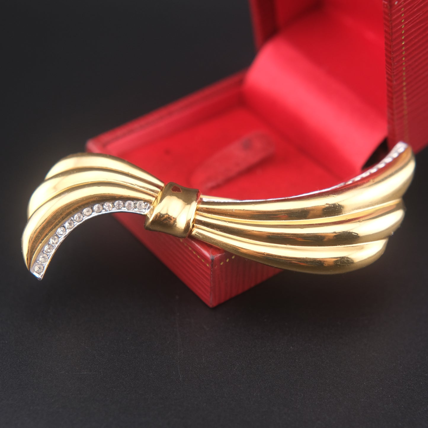 Vintage Yves Saint Laurent Gold-Tone Ribbon Brooch with Rhinestones – 3"