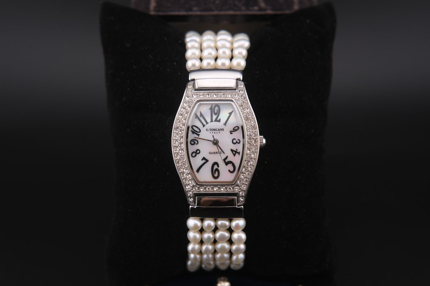 Vintage Gianfranco Toscani Watch with Genuine Pearl Bracelet and Crystal Accents