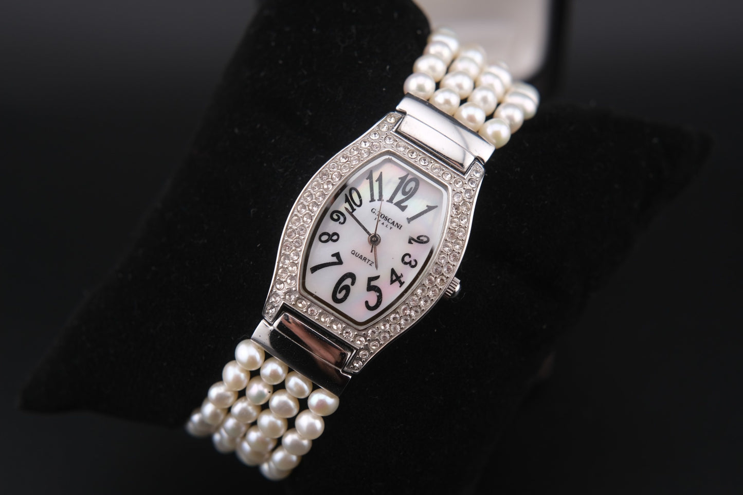 Vintage Gianfranco Toscani Watch with Genuine Pearl Bracelet and Crystal Accents