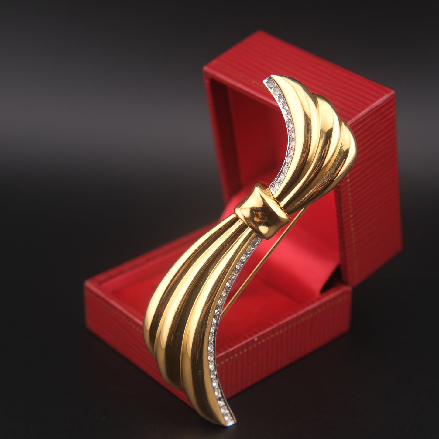 Vintage Yves Saint Laurent Gold-Tone Ribbon Brooch with Rhinestones – 3"