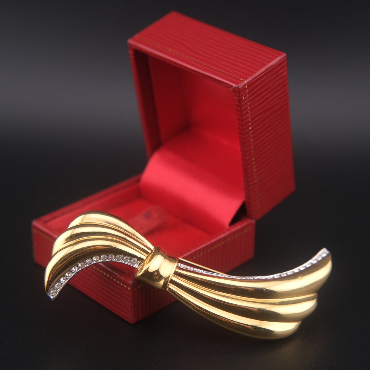 Vintage Yves Saint Laurent Gold-Tone Ribbon Brooch with Rhinestones – 3"