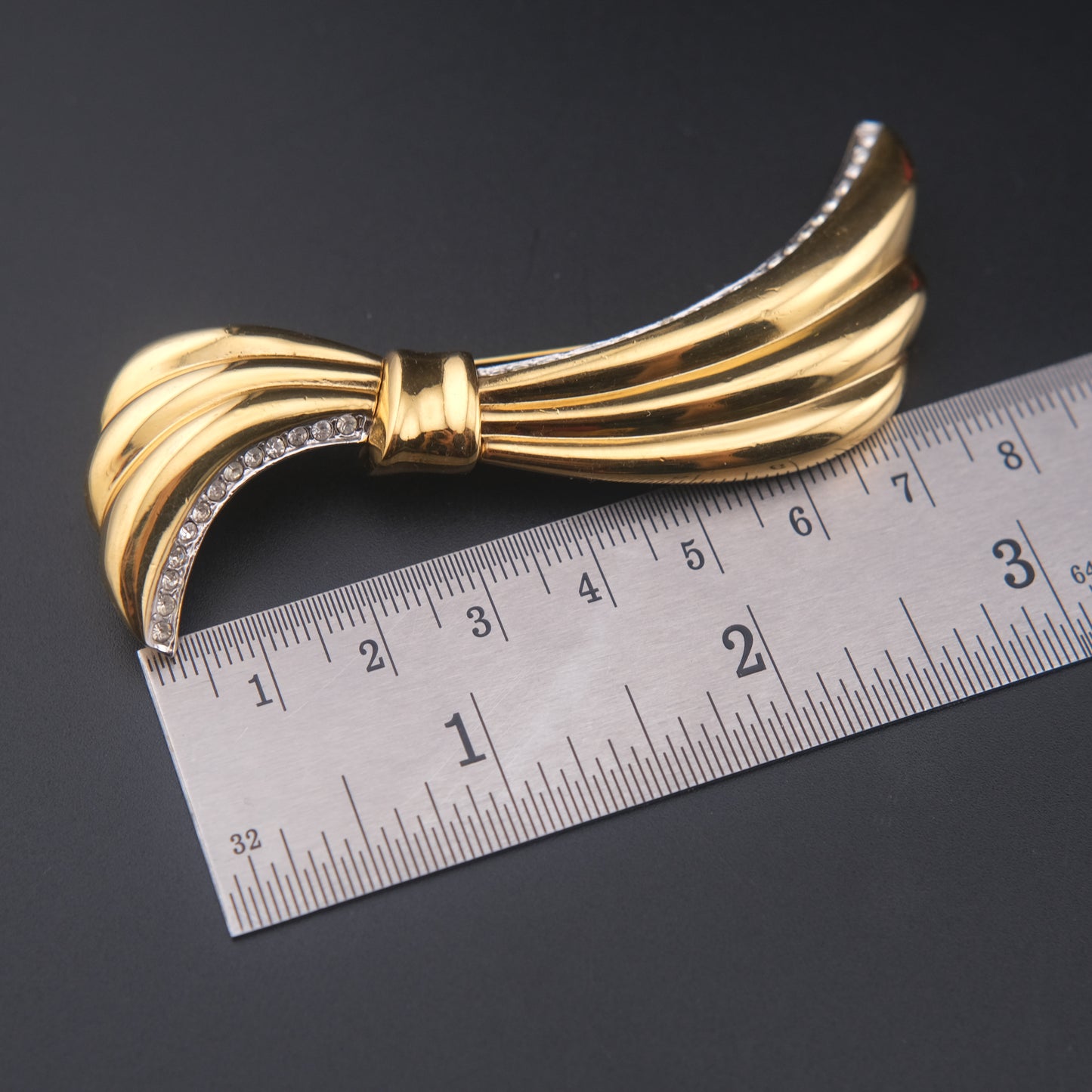 Vintage Yves Saint Laurent Gold-Tone Ribbon Brooch with Rhinestones – 3"