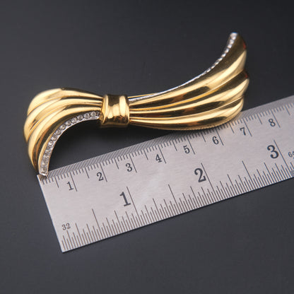 Vintage Yves Saint Laurent Gold-Tone Ribbon Brooch with Rhinestones – 3"